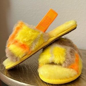 Kids UGG Yellow Fuzzy Slide Sandals with Orange Strap